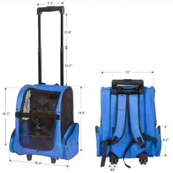 NWOT, Rolling Backpack Pet Carrier, Small Dog, Cat, Mesh, Pockets, Blue, Black - Picture 3 of 13